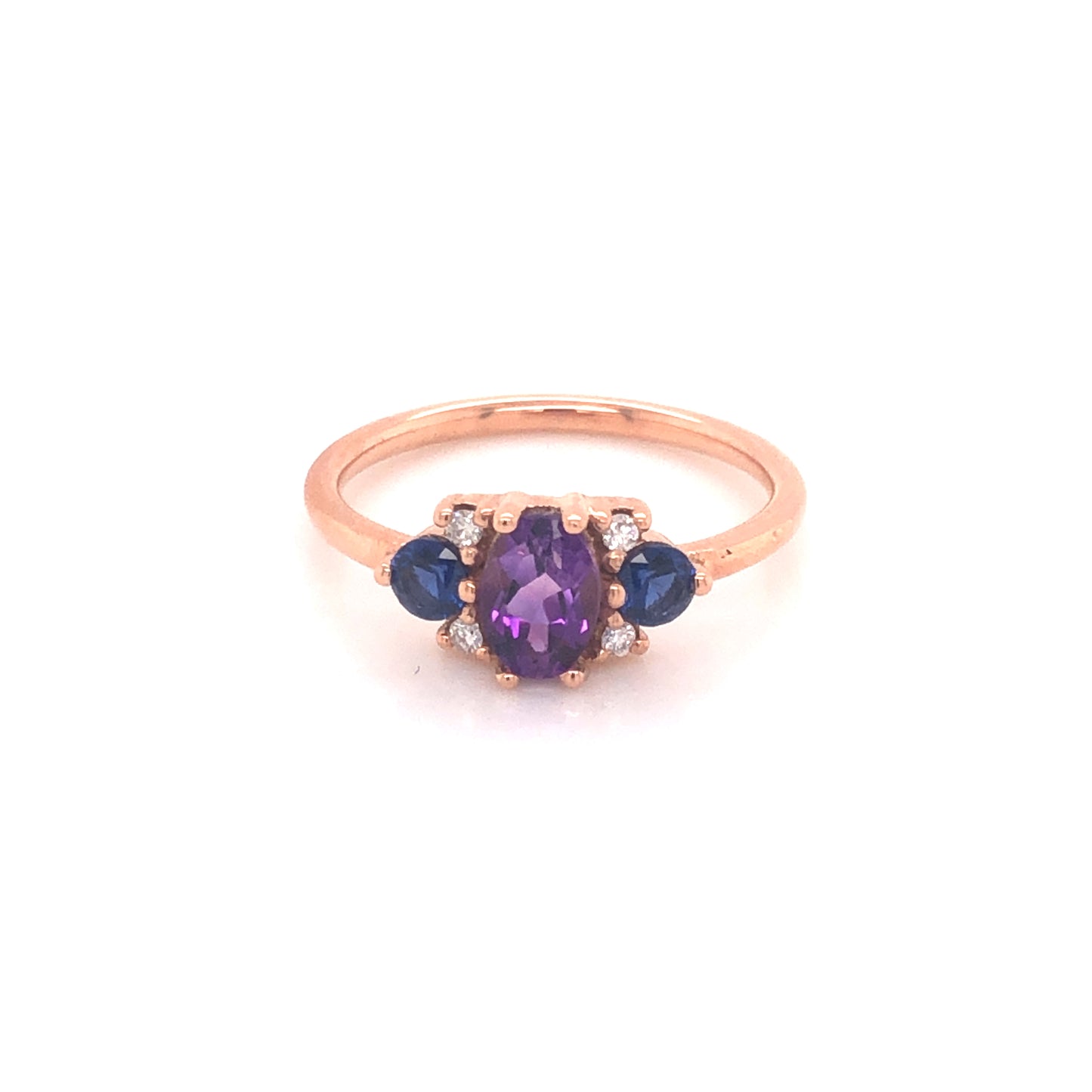IMMEDIATE DELIVERY / UNIQUE PIECE / Amethyst Ring with Diamonds and Sapphires / 14k Rose Gold / Size 5.25