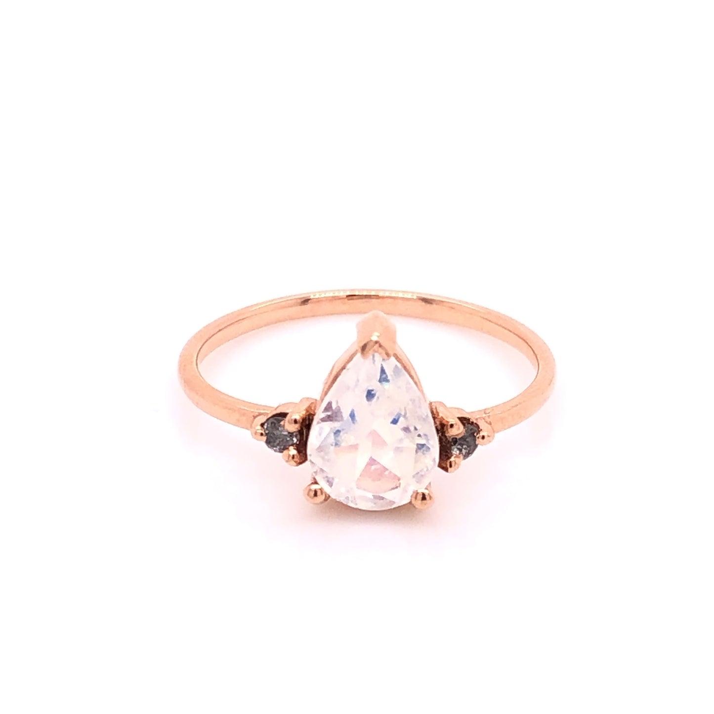 IMMEDIATE DELIVERY / Moonstone Drop Ring with Salt &amp; Pepper Diamonds / 14k Rose Gold / Size 5.75