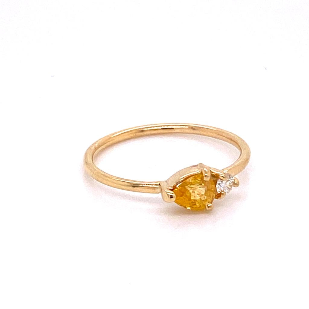 IMMEDIATE DELIVERY / Drop Yellow Sapphire Ring with Horizontal Diamond / 14k Yellow Gold / Size 7