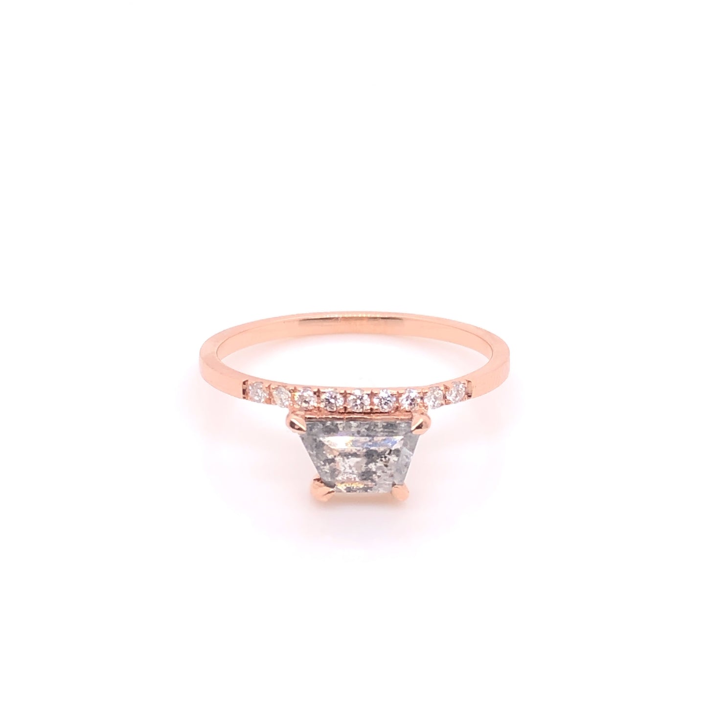 ENTREGA INMEDIATA / Anillo Diamante Salt & Pepper corte Hexagonal con diamantes / Oro Rosa 14k / Talla 7.25