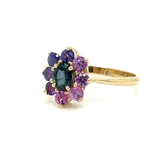 PIEZA ÚNICA/ ENTREGA INMEDIATA/ Anillo de Zafiro Teal con Halo de Zafiros rosas morados