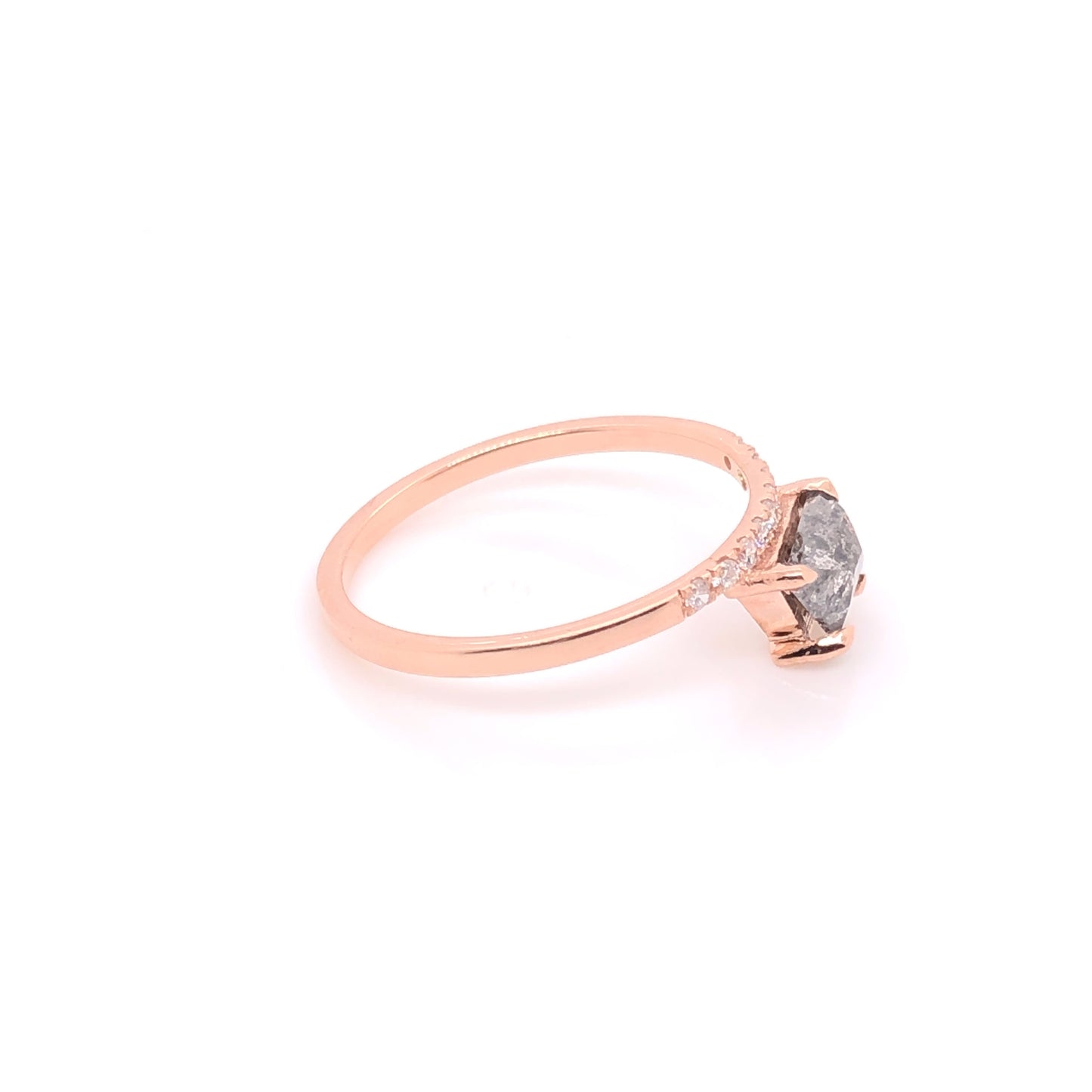 IMMEDIATE DELIVERY / Salt &amp; Pepper Diamond Ring Hexagonal cut with diamonds / 14k Rose Gold / Size 7.25
