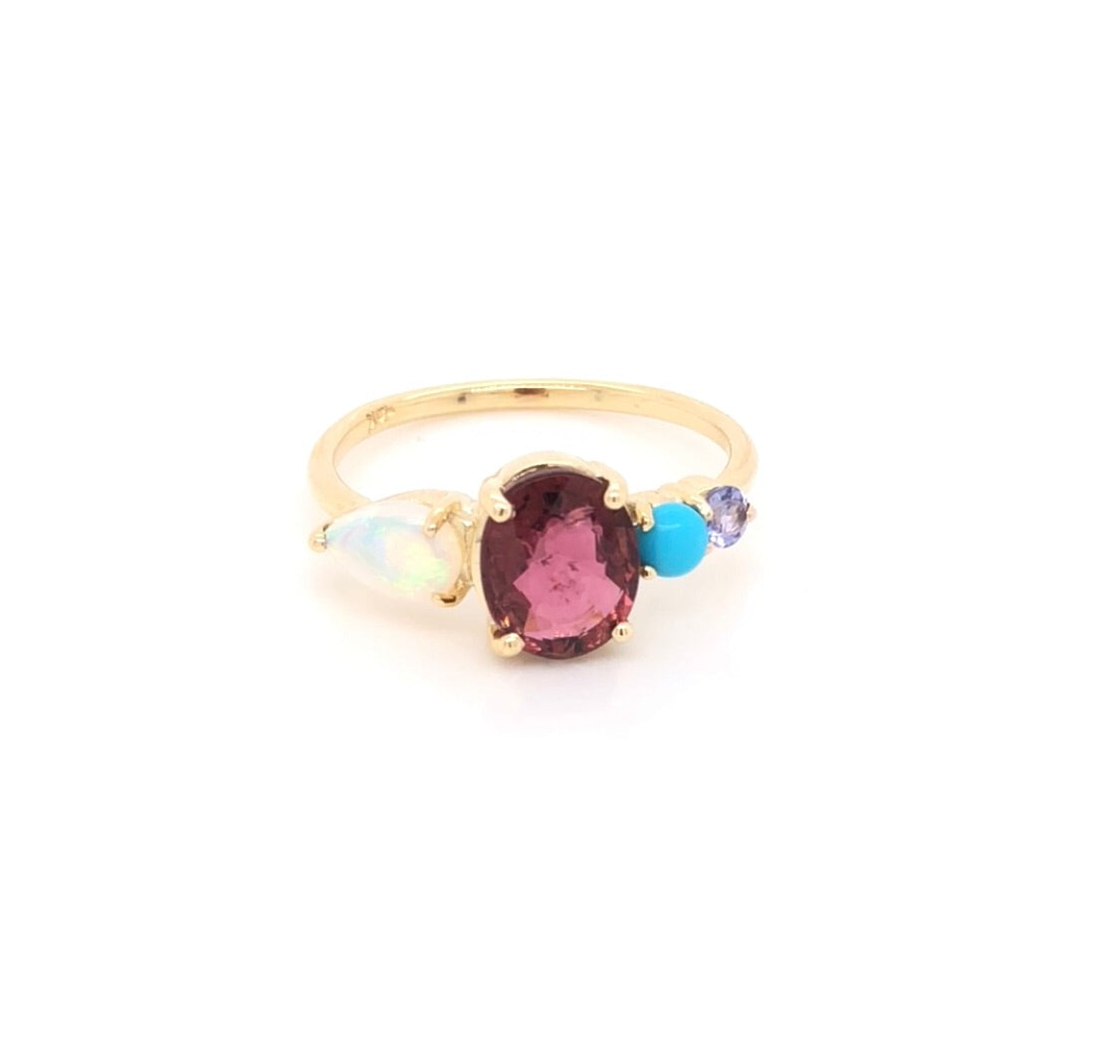 Tourmaline, opal, turquoise and tanzanite ring