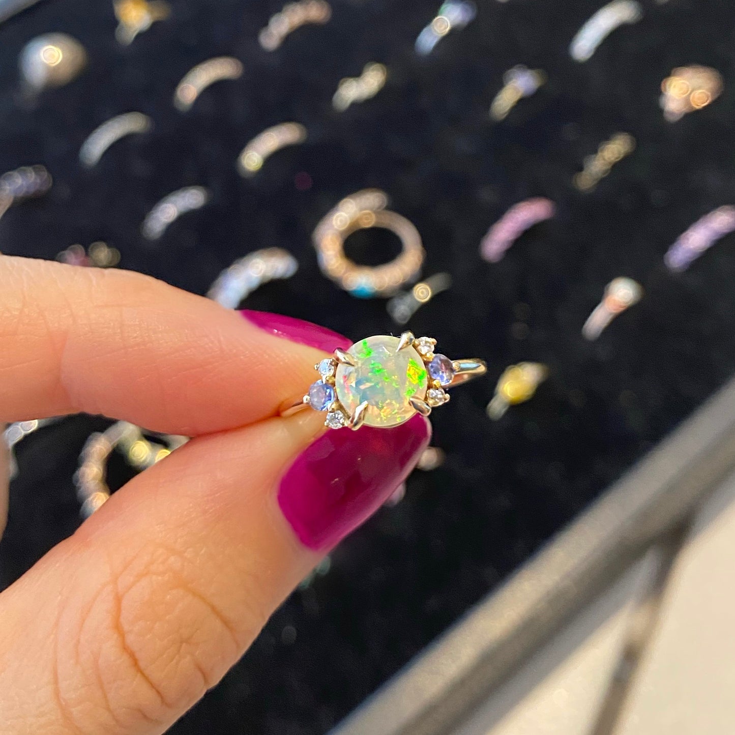 Load image into Gallery viewer, Opal Ring with Tanzanites and Diamonds
