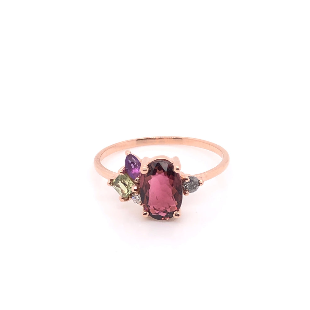 IMMEDIATE DELIVERY / Spinel, Amethyst, Green Sapphire, Diamond and Salt & Pepper Diamond Ring / 14k Rose Gold / Size 8