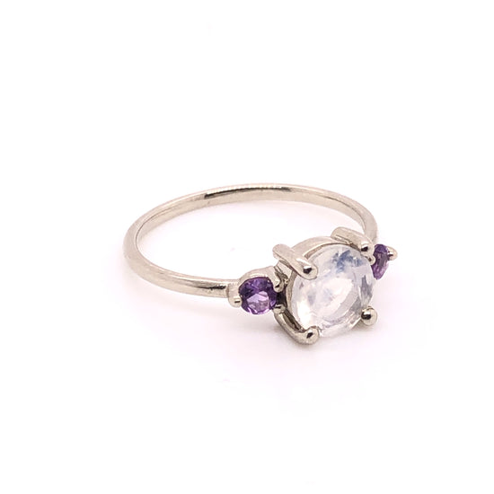 IMMEDIATE DELIVERY / Round Moonstone Ring with Amethysts / 14k White Gold / Size 5.25