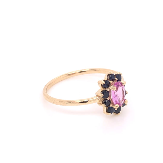 Pink Sapphire Ring with Blue Sapphire Halo