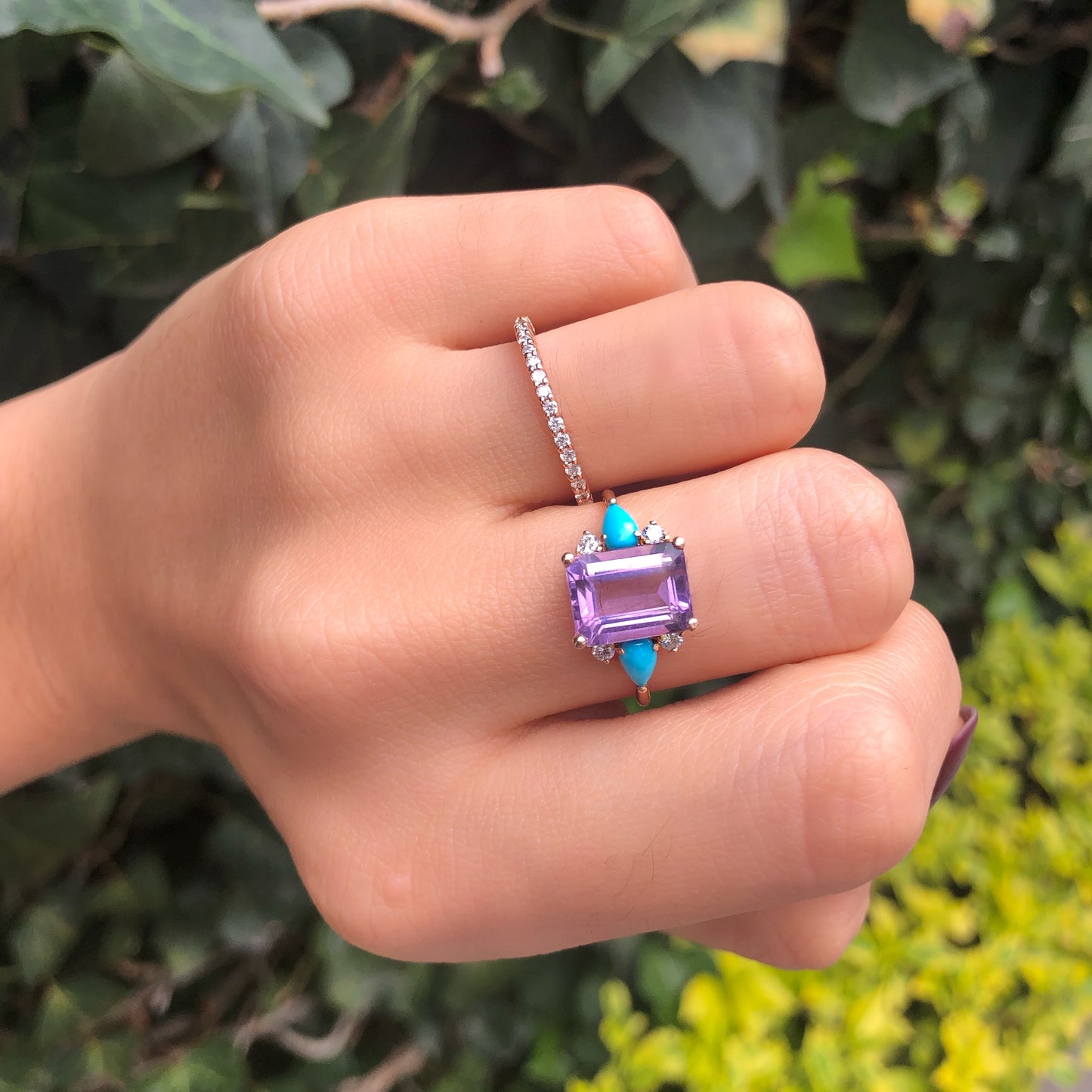 Amethyst Ring with Turquoises and Diamonds