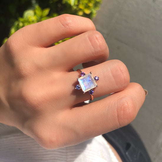 Square Moonstone Ring with Purple Sapphires