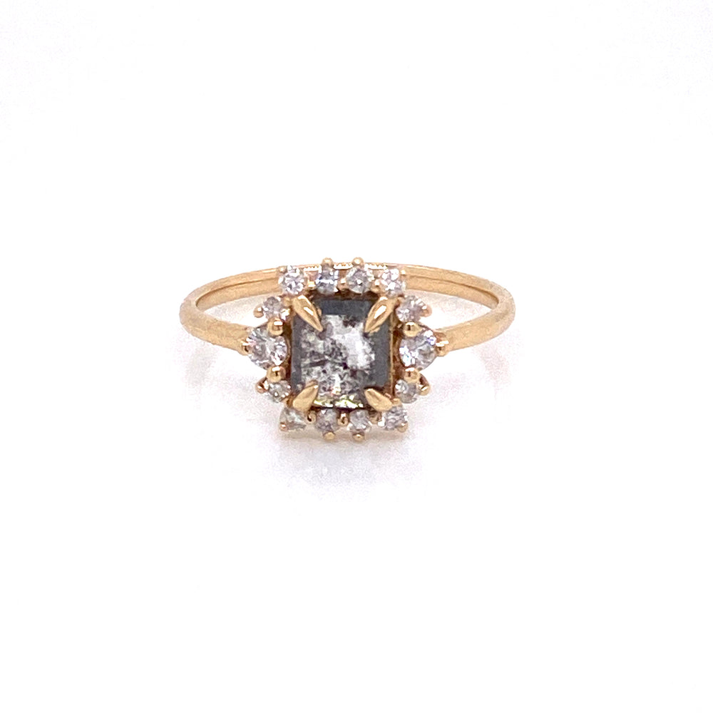 Salt and Pepper Diamond Ring with White Diamond Halo