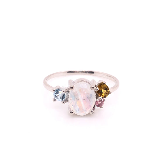 SINGLE PIECE - Moonstone Cluster Ring with Aquamarine, Tourmaline and Pink Sapphire