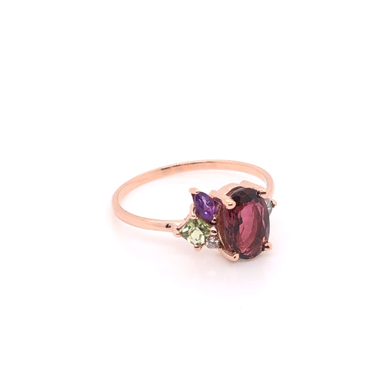 IMMEDIATE DELIVERY / Spinel, Amethyst, Green Sapphire, Diamond and Salt &amp; Pepper Diamond Ring / 14k Rose Gold / Size 8