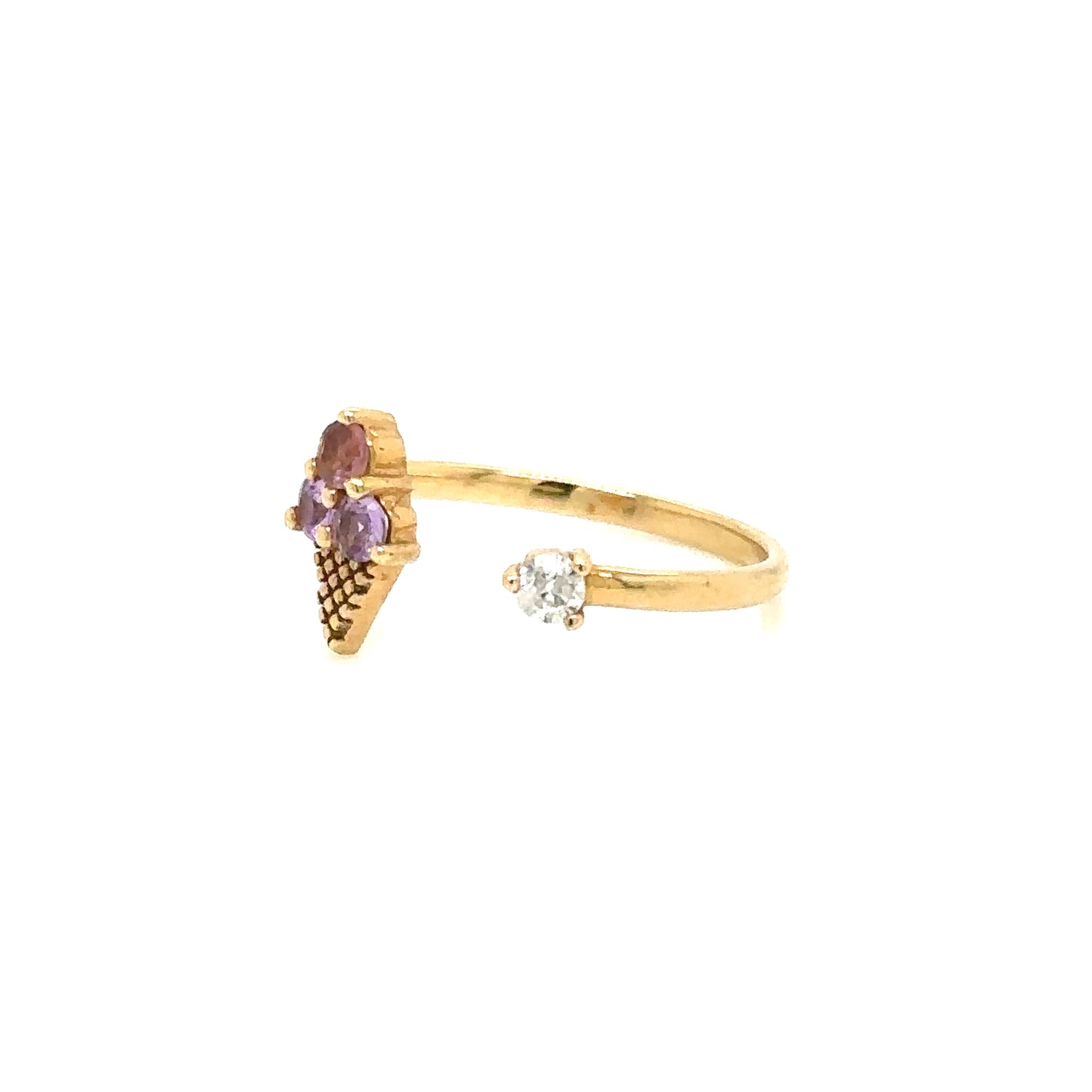ENTREGA INMEDIATA / Anillo Abierto con Motivo de Helado con Zafiros y Diamantes / Oro Amarillo 14k / Talla 6.5