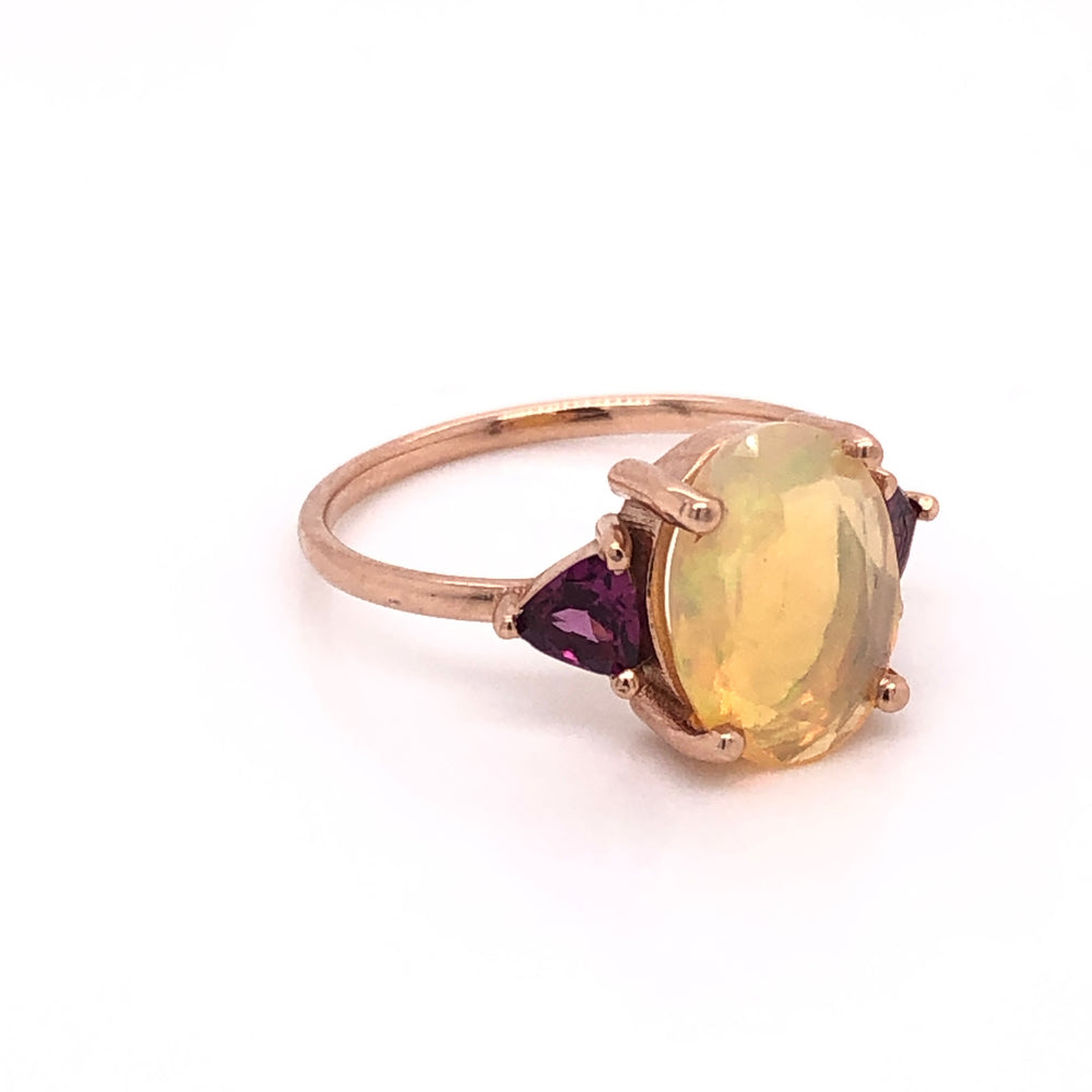 
                      
                        IMMEDIATE DELIVERY / Faceted Opal Ring with Rhodolites / 14k Rose Gold / Size 7.5
                      
                    