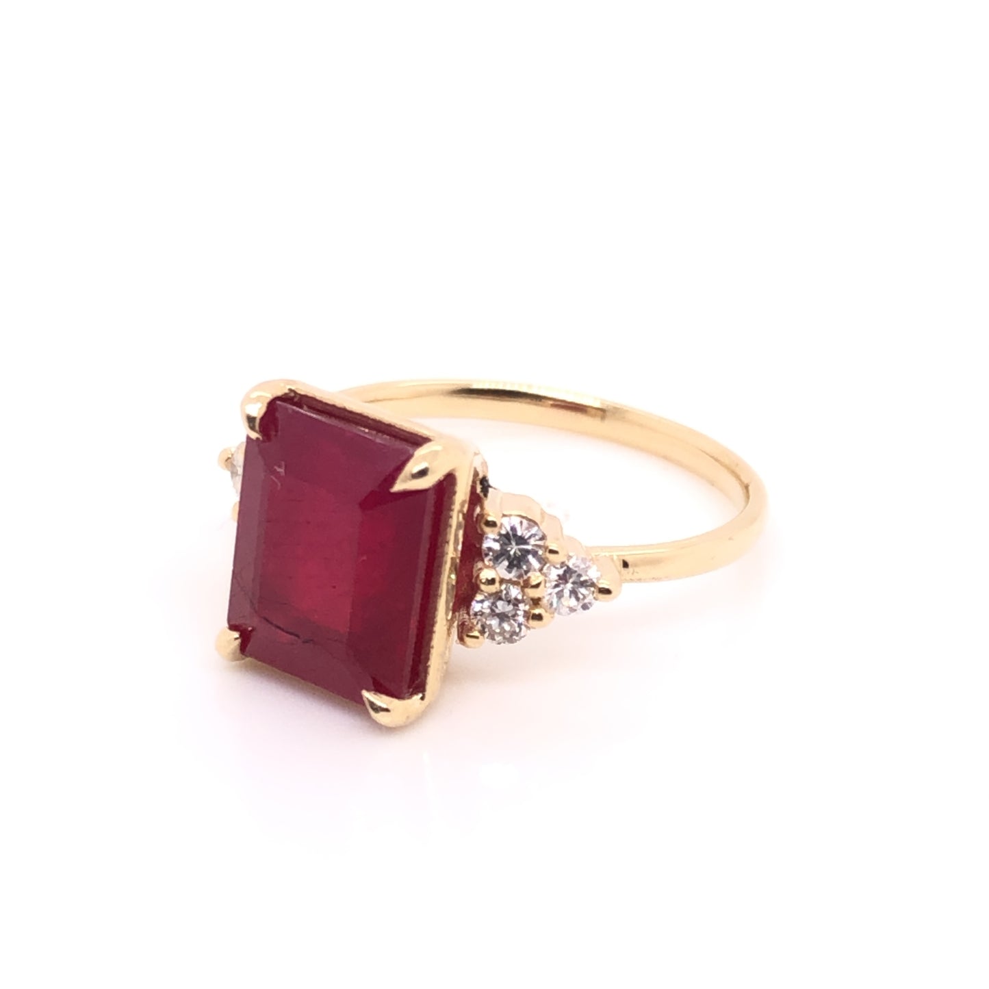 Emerald cut Ruby ring with side diamonds (single piece)