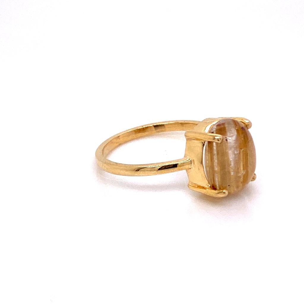 ENTREGA INMEDIATA / Anillo Cuarzo Rutilado Oval Dorado / Oro amarillo 14k / Talla 6