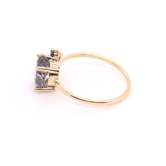 IMMEDIATE DELIVERY / Rutilated Quartz Ring with Black Diamond, London Blue Topaz and Pink Sapphire / 14k Yellow Gold / Size 7.75