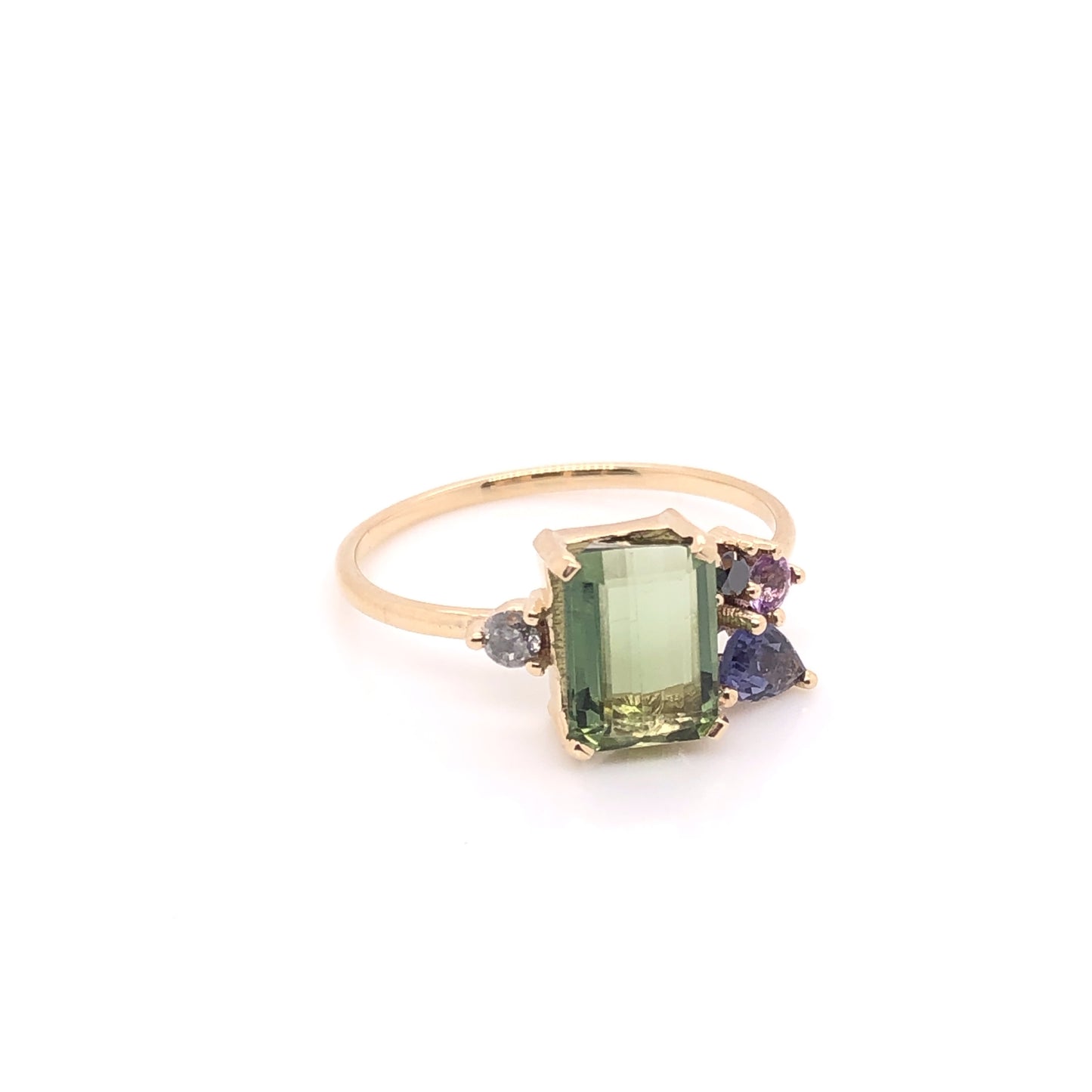 ENTREGA INMEDIATA / Anillo Turmalina Verde, Iolita, Amatista y Diamante salt & pepper / Oro amarillo 14k / Talla 7.5