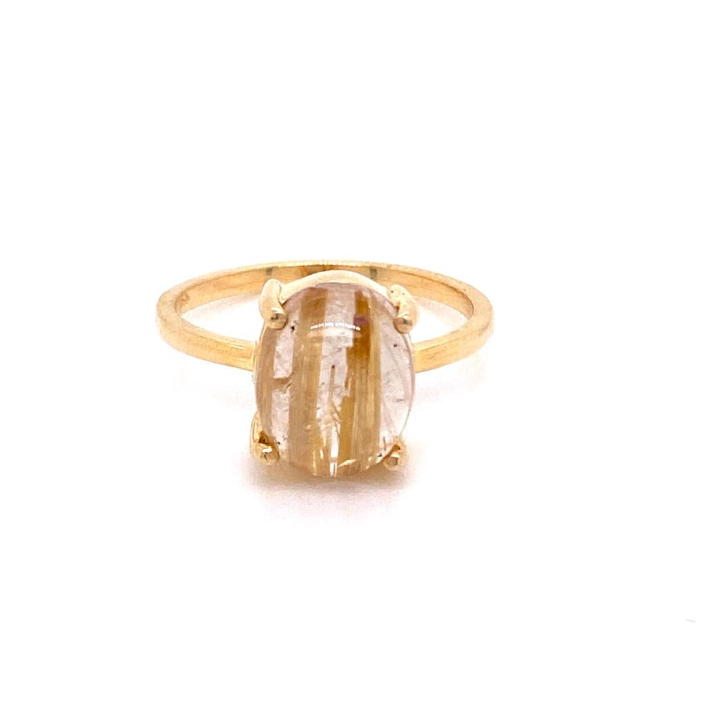 ENTREGA INMEDIATA / Anillo Cuarzo Rutilado Oval Dorado / Oro amarillo 14k / Talla 6