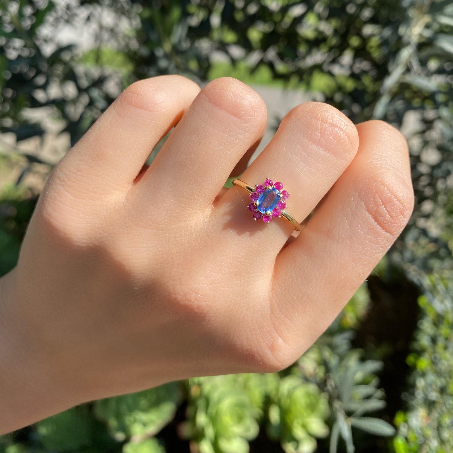 Baby Blue Sapphire Ring with Hot Pink Sapphire Halo