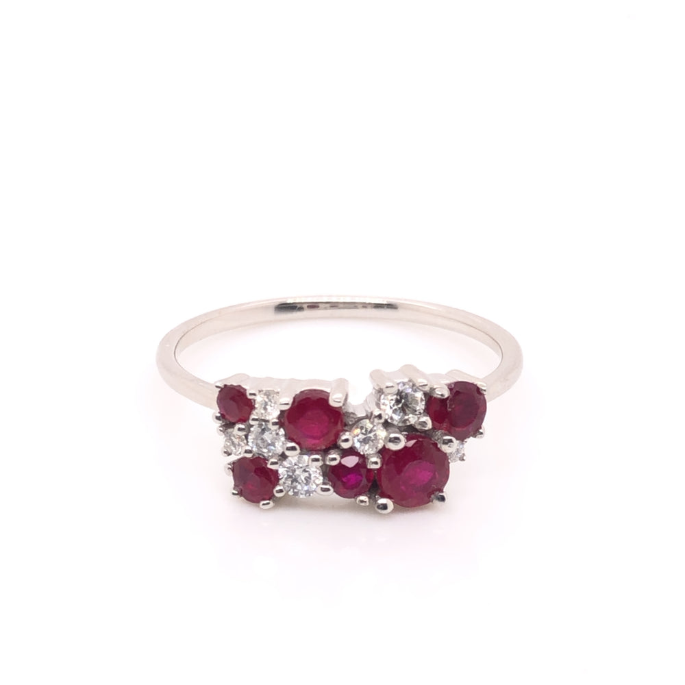 IMMEDIATE DELIVERY / Ruby Cluster Ring with Diamonds / 14k white gold / Size 8