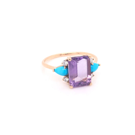 Amethyst Ring with Turquoises and Diamonds