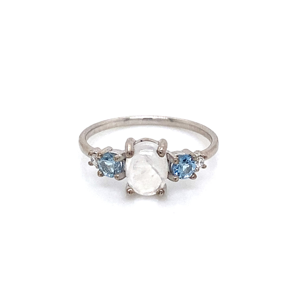 Anillo de Moonstone Cabujón con Aguamarinas y Diamantes