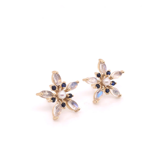 IMMEDIATE DELIVERY / Paola Moonstone, Pearl and Sapphires Earrings / 14k Yellow Gold / Pair