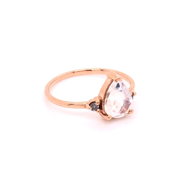 IMMEDIATE DELIVERY / Moonstone Drop Ring with Salt &amp; Pepper Diamonds / 14k Rose Gold / Size 5.75