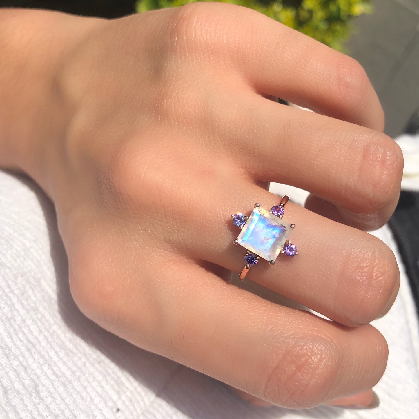 Square Moonstone Ring with Purple Sapphires