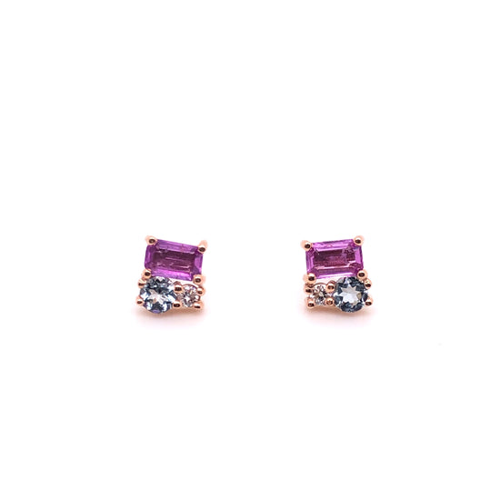 IMMEDIATE DELIVERY / Purple Sapphire, Aquamarine and Diamond Earrings / 14k Rose Gold / Pair