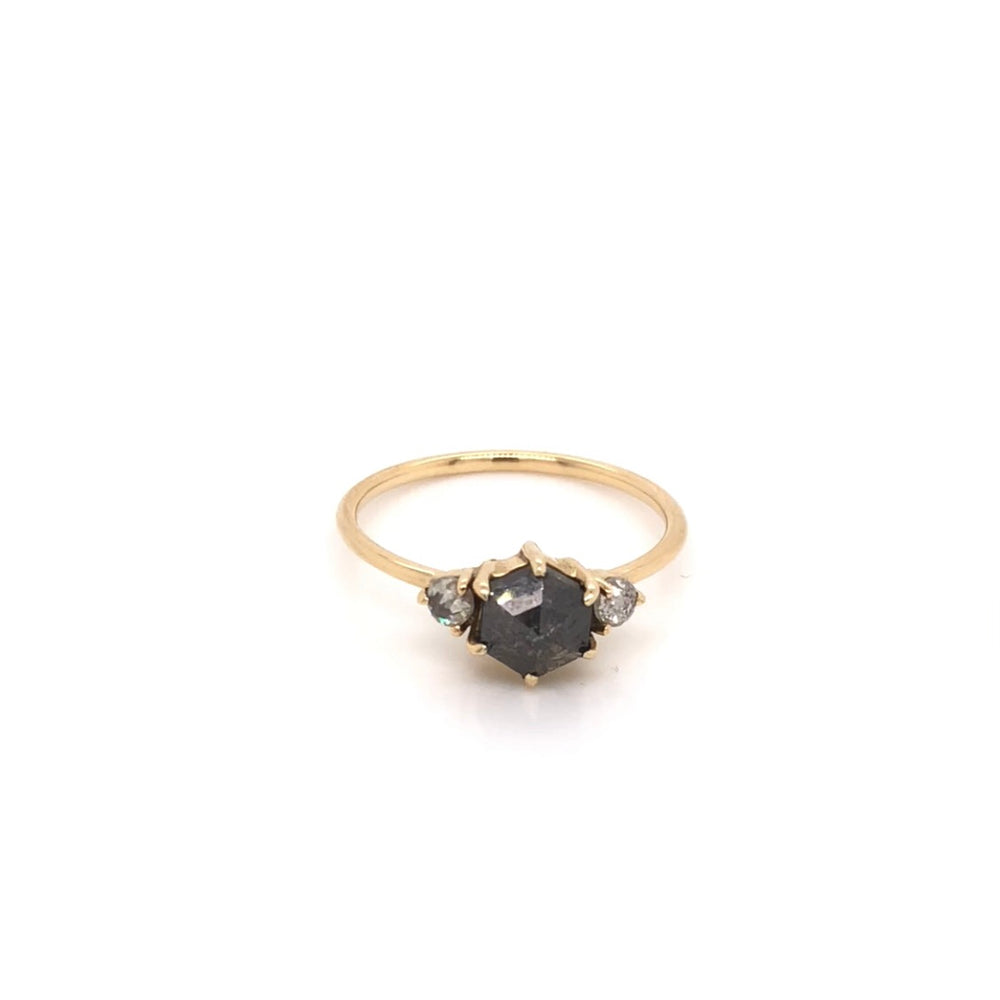 
                      
                        Hexagonal Salt and Pepper Diamond Ring with Side Salt and Pepper Diamonds
                      
                    