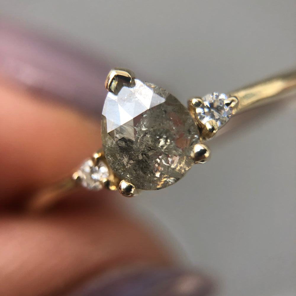 
                      
                        Salt and Pepper Drop Diamond Ring with side diamonds.
                      
                    