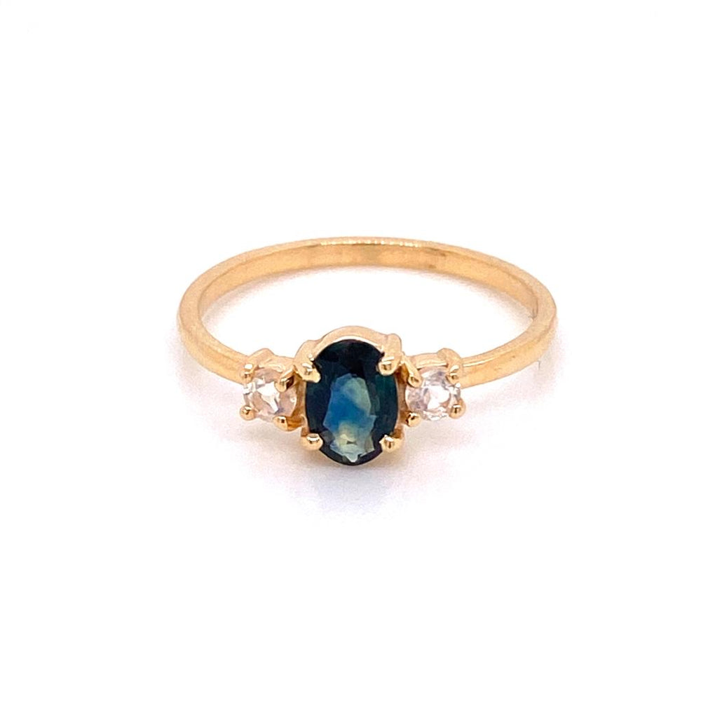 ENTREGA INMEDIATA / Anillo Zafiro 'Teal' con Moonstone Laterales / Oro amarillo 14k / Talla 6