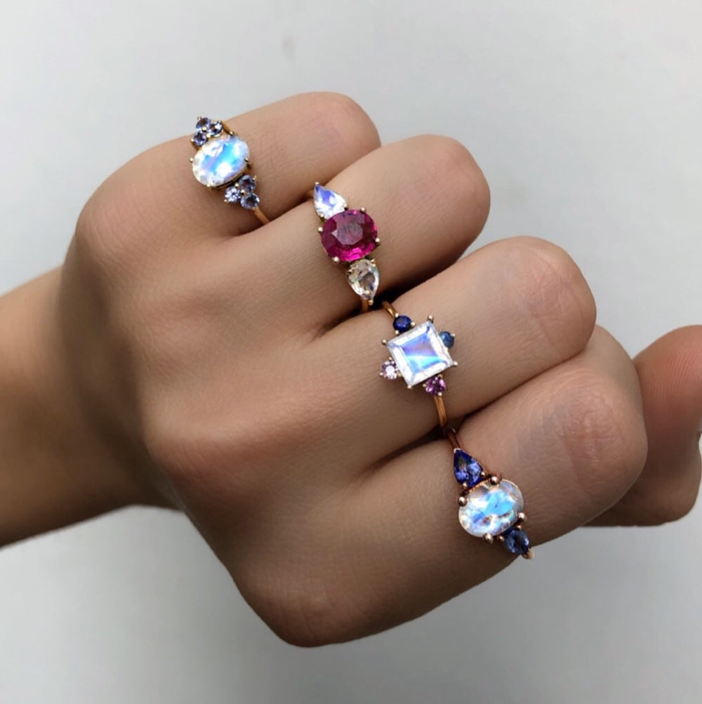 Square Moonstone Ring with Colored Sapphires