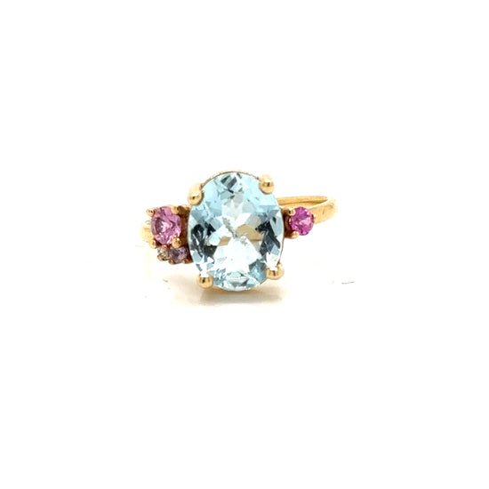 ENTREGA INMEDIATA / Anillo Cluster de Aguamarina con Zafiros Rosas y Diamantes / Oro amarillo 14k / Talla 5