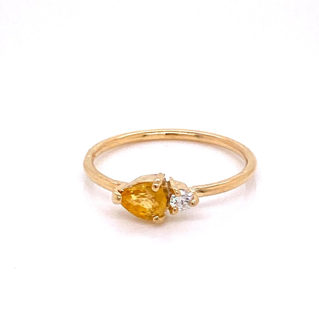 ENTREGA INMEDIATA / Anillo Zafiro Amarillo Gota con Diamante Horizontal / Oro amarillo 14k / Talla 7