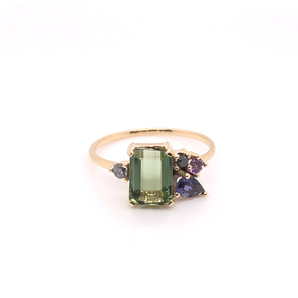 IMMEDIATE DELIVERY / Green Tourmaline, Iolite, Amethyst and Salt & Pepper Diamond Ring / 14k Yellow Gold / Size 7.5