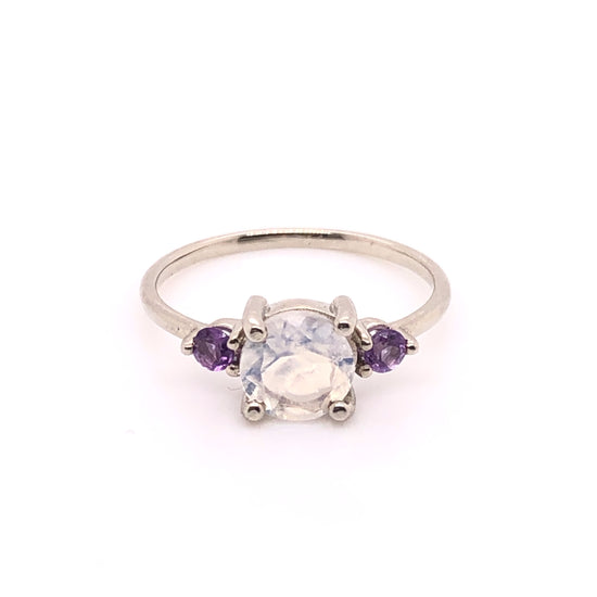 IMMEDIATE DELIVERY / Round Moonstone Ring with Amethysts / 14k White Gold / Size 5.25