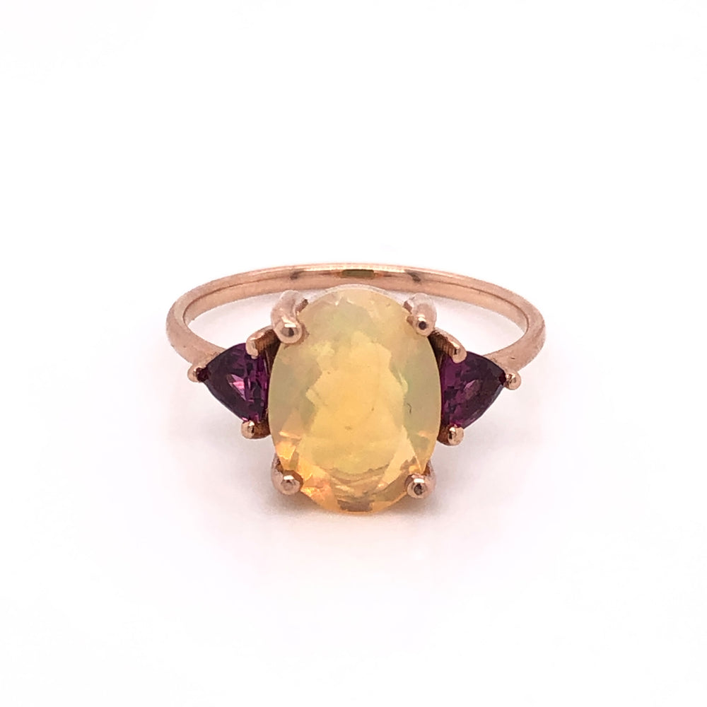 IMMEDIATE DELIVERY / Faceted Opal Ring with Rhodolites / 14k Rose Gold / Size 7.5