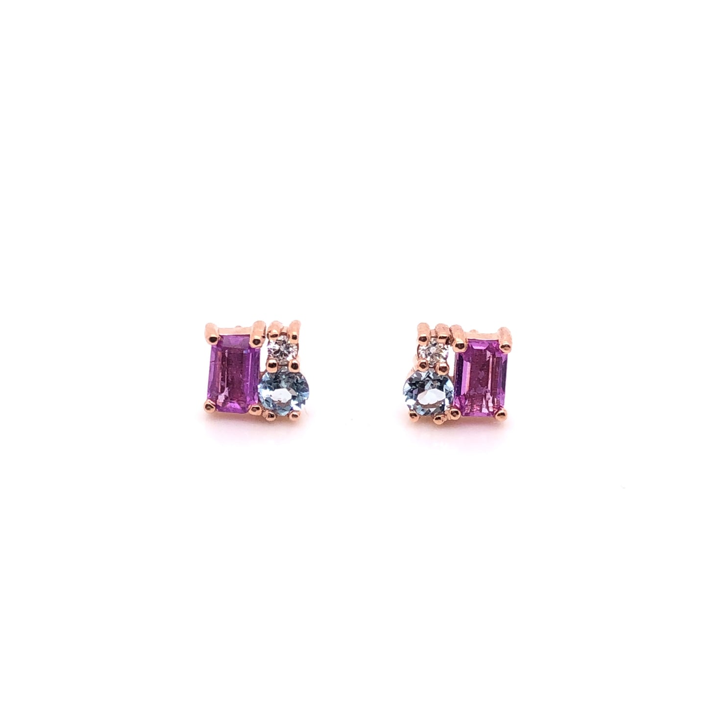 ENTREGA INMEDIATA / Aretes Zafiro Morado, Aguamarina y Diamante / Oro rosa 14k / Par