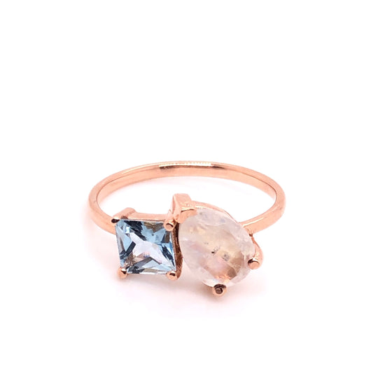 Ring with princess cut Aquamarine and drop Moonstone (single piece)