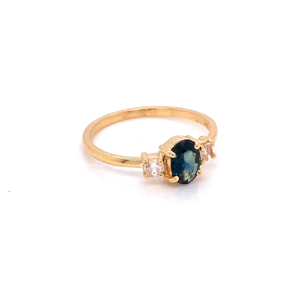 IMMEDIATE DELIVERY / 'Teal' Sapphire Ring with Moonstone Sides / 14k Yellow Gold / Size 6