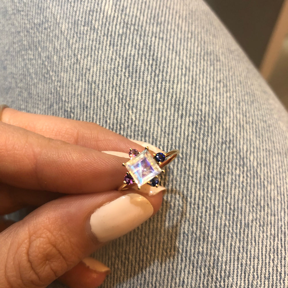 
                      
                        Square Moonstone Ring with Colored Sapphires
                      
                    
