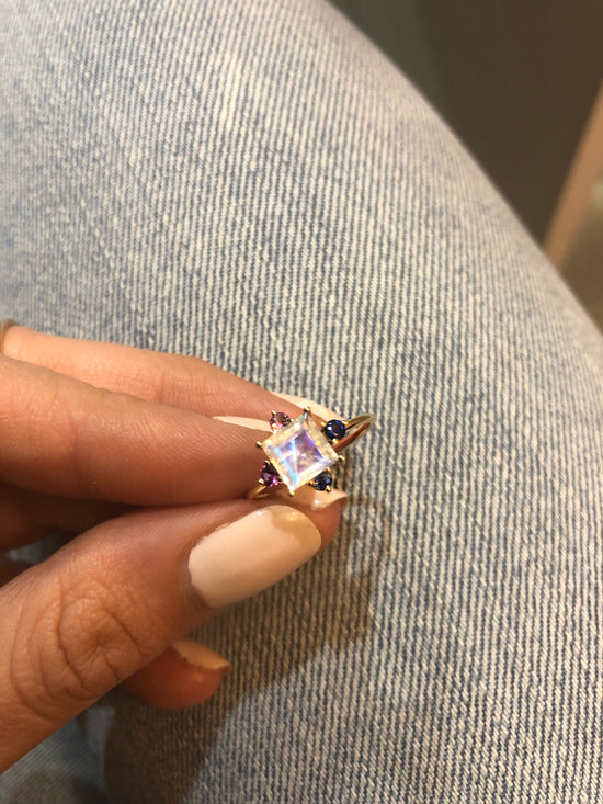 Square Moonstone Ring with Colored Sapphires