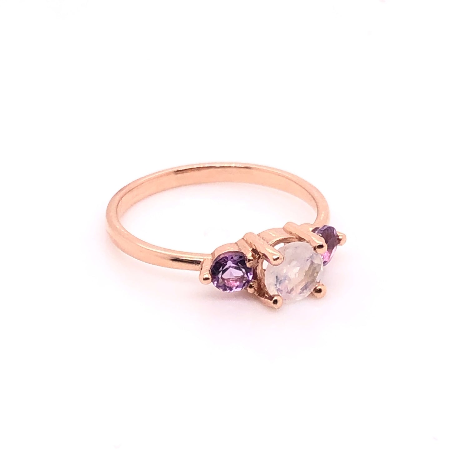 Load image into Gallery viewer, IMMEDIATE DELIVERY / Moonstone Ring with Amethysts / 14k Rose Gold / Size 4.5
