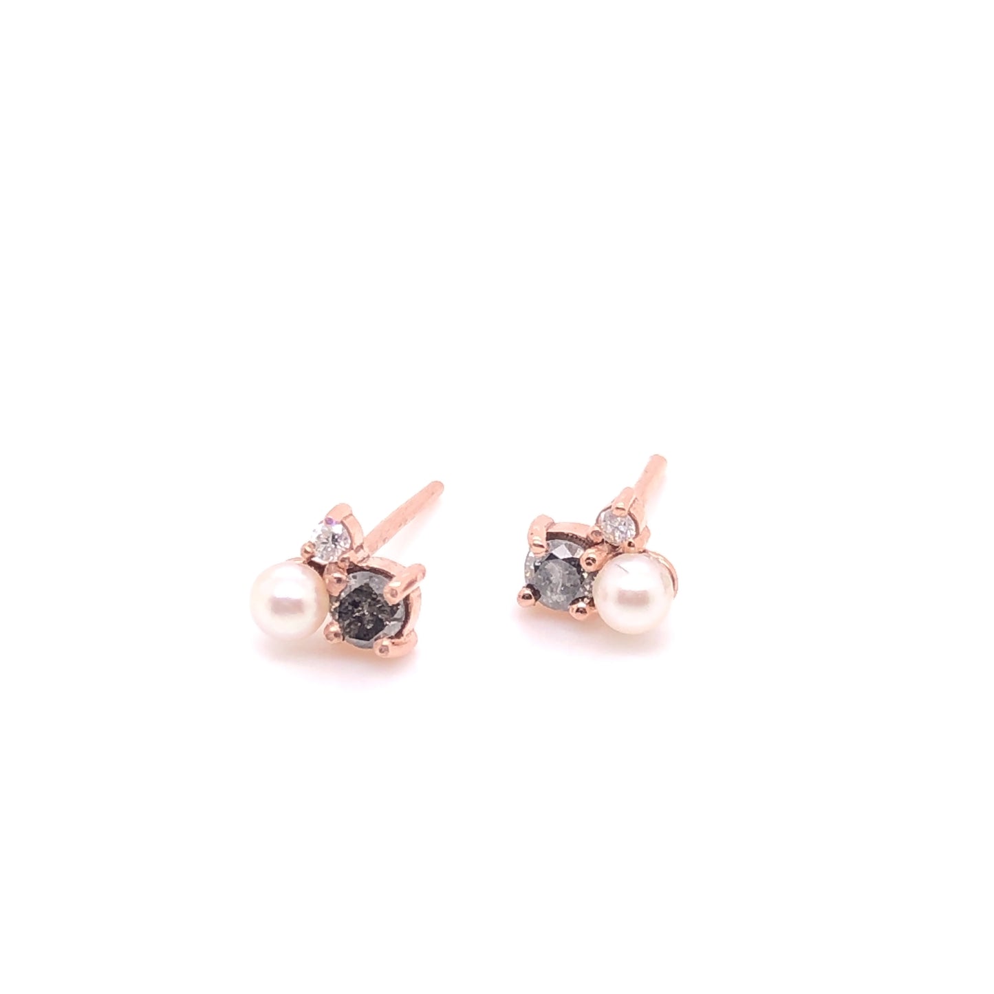 IMMEDIATE DELIVERY / Salt and Pepper Diamond Earrings with Pearls and diamonds / 14k Rose Gold / Pair