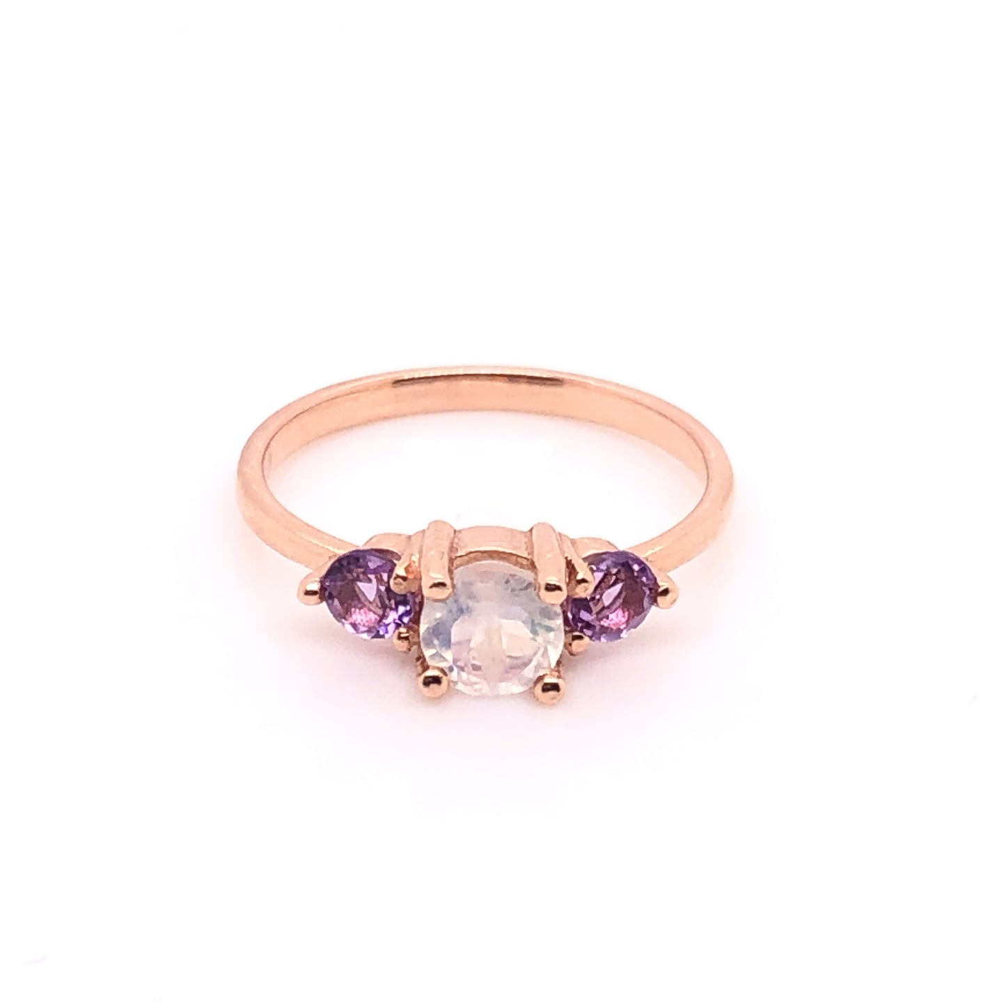 ENTREGA INMEDIATA / Anillo Moonstone con Amatistas / Oro Rosa 14k / Talla 4.5