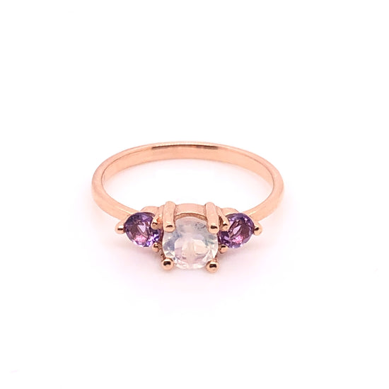 Load image into Gallery viewer, IMMEDIATE DELIVERY / Moonstone Ring with Amethysts / 14k Rose Gold / Size 4.5
