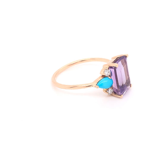 Load image into Gallery viewer, Amethyst Ring with Turquoises and Diamonds
